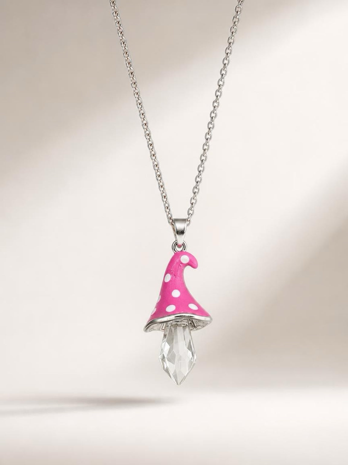 Pink Polka Dot Mushroom Pendant Necklace