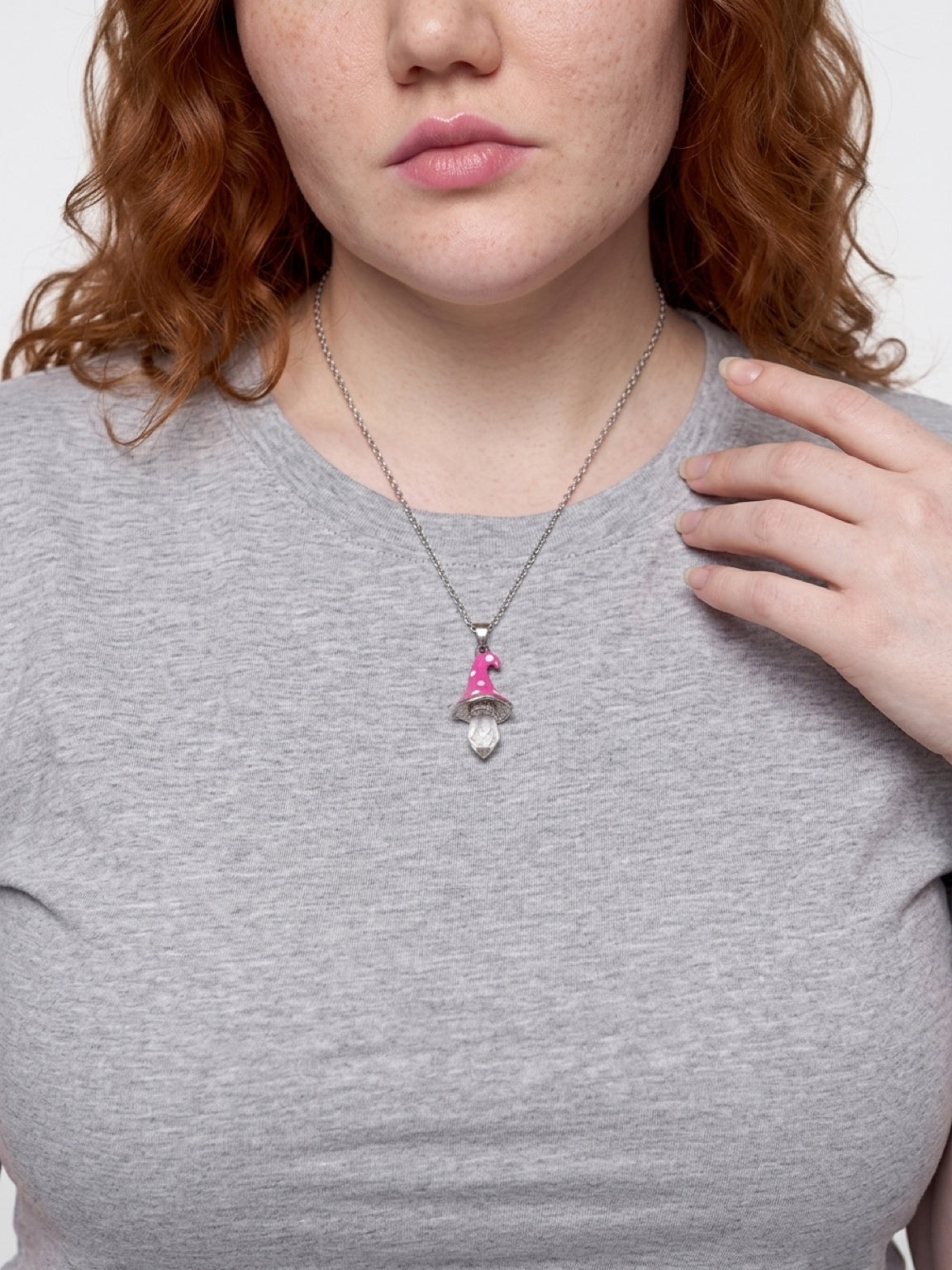 Pink Polka Dot Mushroom Pendant Necklace