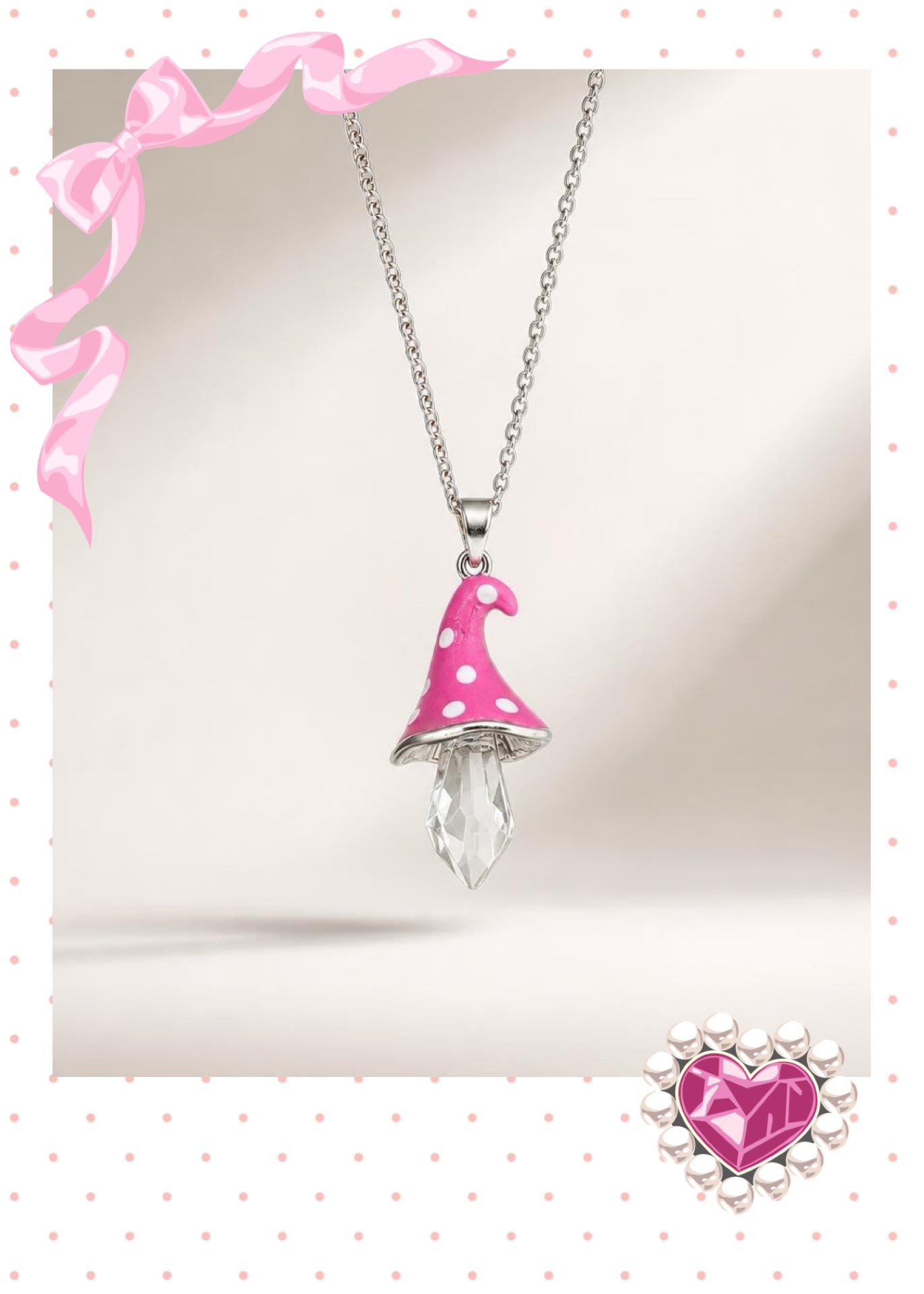 Pink Polka Dot Mushroom Pendant Necklace