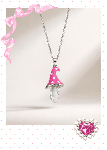 Pink Polka Dot Mushroom Pendant Necklace