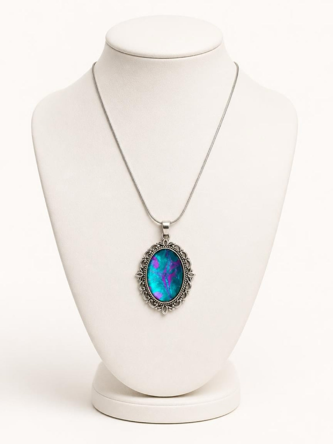 Acrylic Pour Paint Pink & Teal Oblong Pendant Necklace