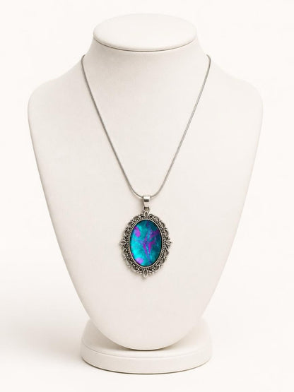 Acrylic Pour Paint Pink & Teal Oblong Pendant Necklace