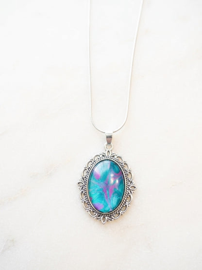 Acrylic Pour Paint Pink & Teal Oblong Pendant Necklace