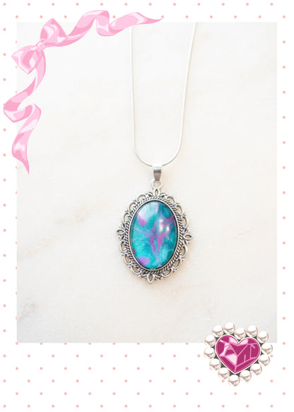 Acrylic Pour Paint Pink & Teal Oblong Pendant Necklace
