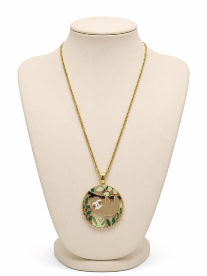 Hanging Sloth Enamel Pendant Necklace