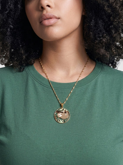 Hanging Sloth Enamel Pendant Necklace