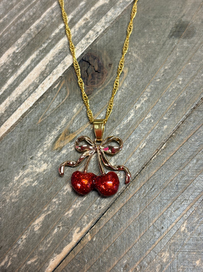 Cherry Bow Pendant Necklace