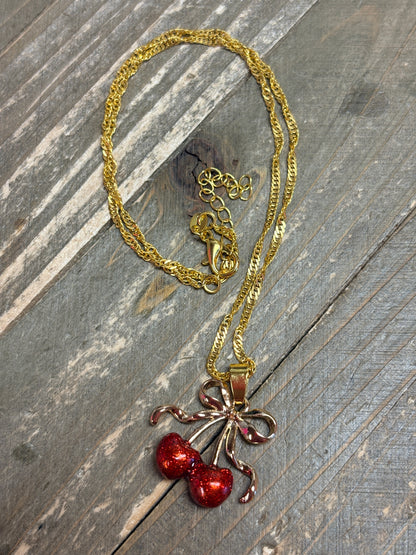 Cherry Bow Pendant Necklace