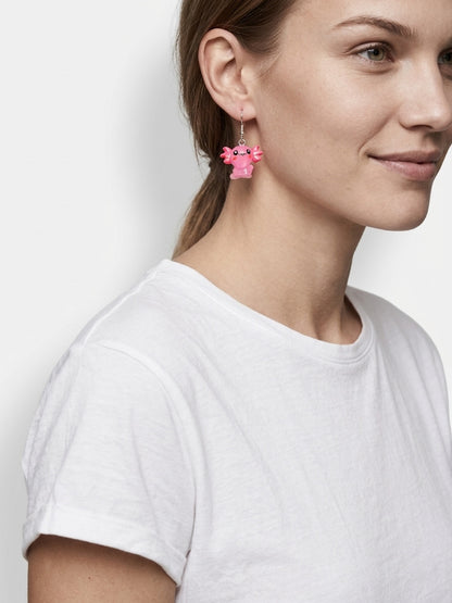 Kawaii Pink Axolotl Acrylic Dangle Earrings – 3D Cute Charm (Silver Hooks)