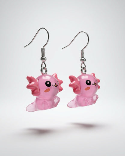 Kawaii Pink Axolotl Acrylic Dangle Earrings – 3D Cute Charm (Silver Hooks)