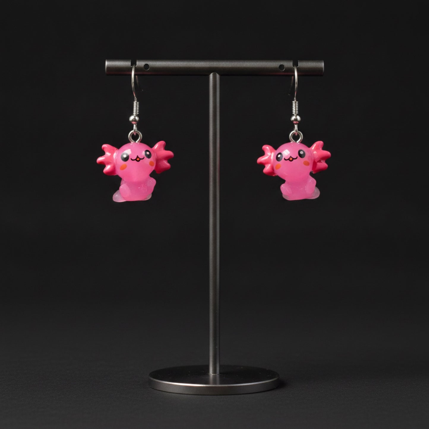 Kawaii Pink Axolotl Acrylic Dangle Earrings – 3D Cute Charm (Silver Hooks)