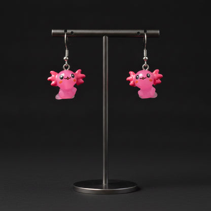 Kawaii Pink Axolotl Acrylic Dangle Earrings – 3D Cute Charm (Silver Hooks)