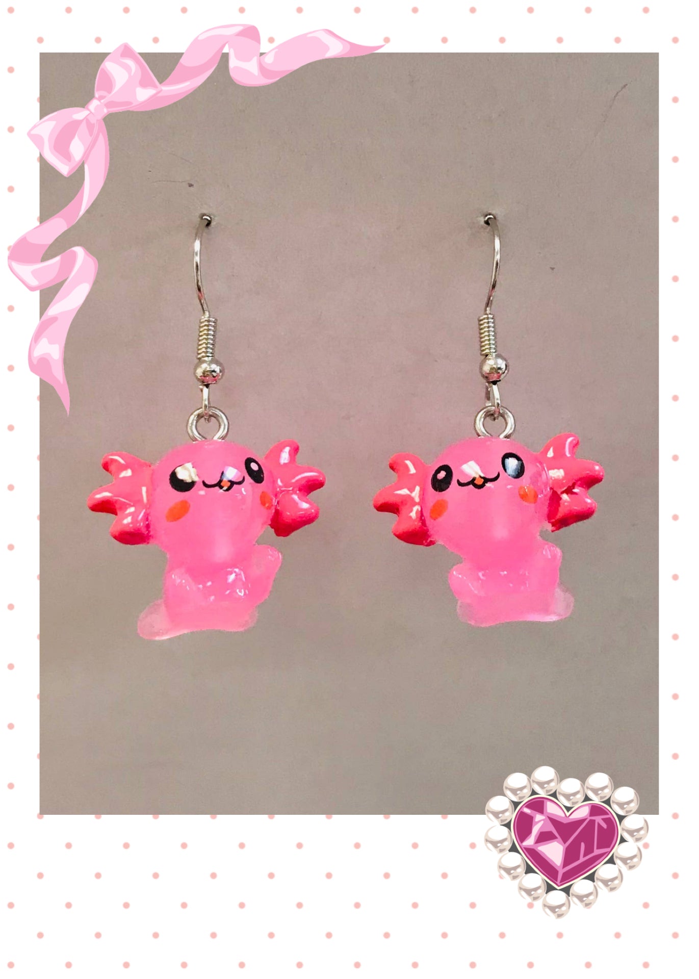 Kawaii Pink Axolotl Acrylic Dangle Earrings – 3D Cute Charm (Silver Hooks)