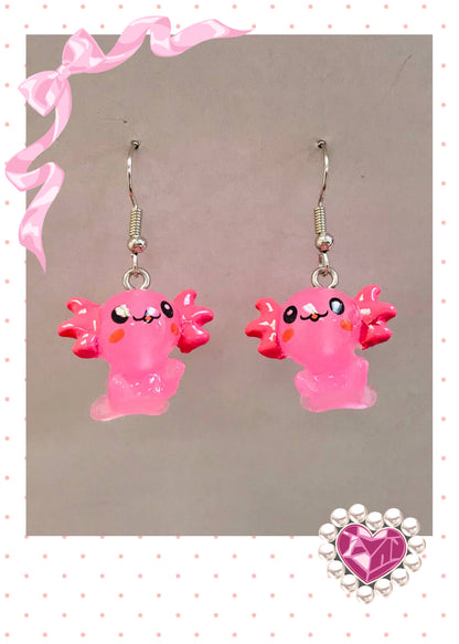 Kawaii Pink Axolotl Acrylic Dangle Earrings – 3D Cute Charm (Silver Hooks)