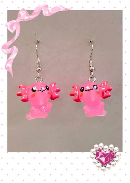 Kawaii Pink Axolotl Acrylic Dangle Earrings – 3D Cute Charm (Silver Hooks)