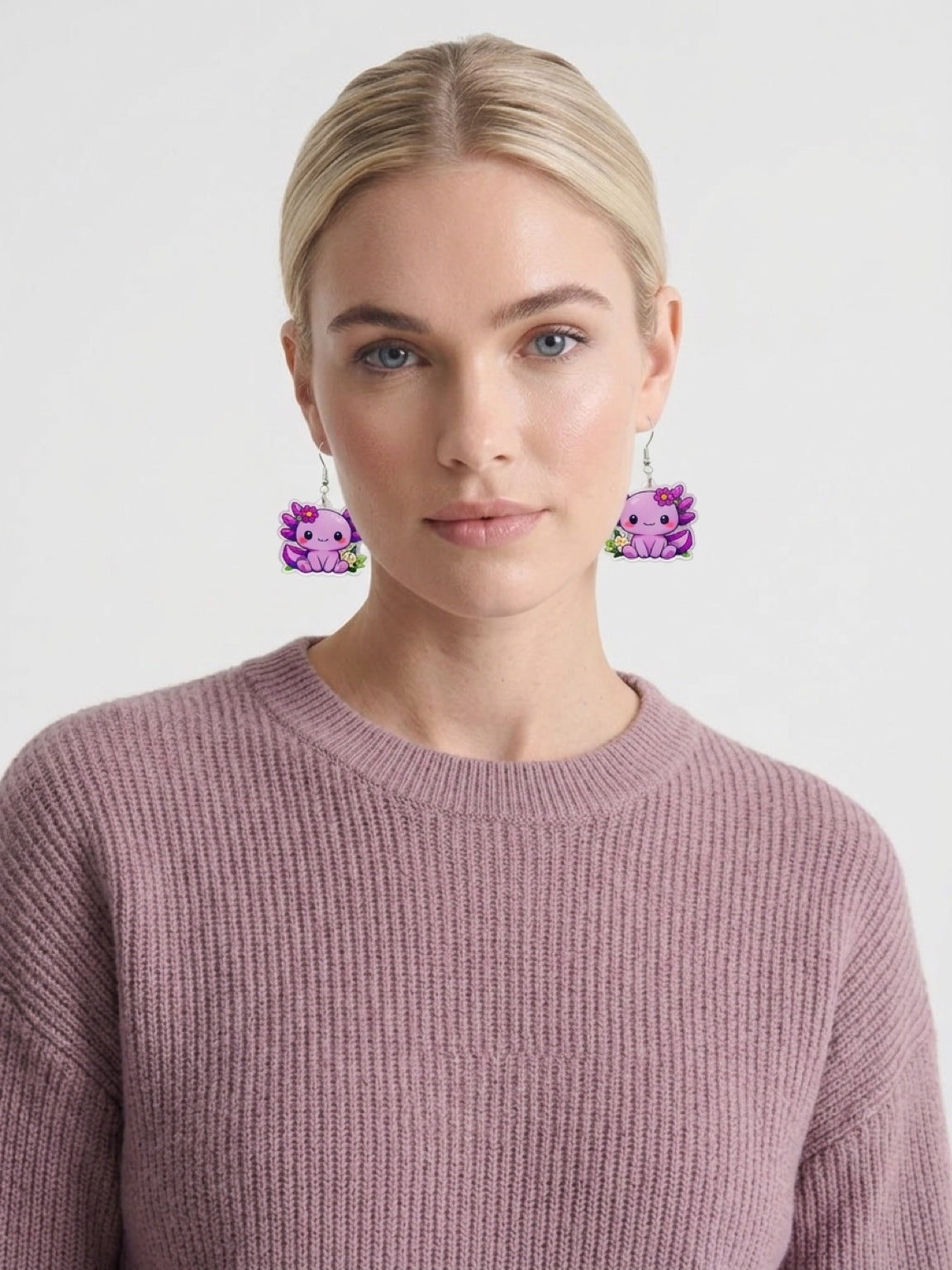 Lavender Kawaii Axolotl Acrylic Dangle Earrings