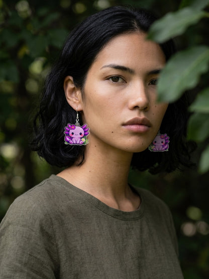 Lavender Kawaii Axolotl Acrylic Dangle Earrings