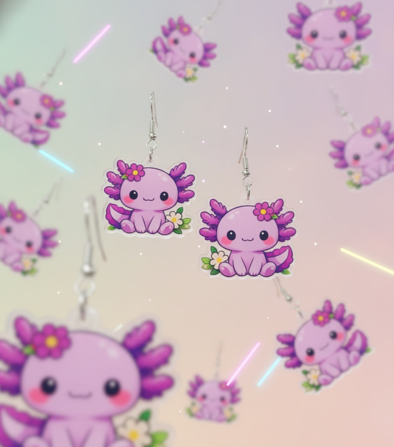 Lavender Kawaii Axolotl Acrylic Dangle Earrings