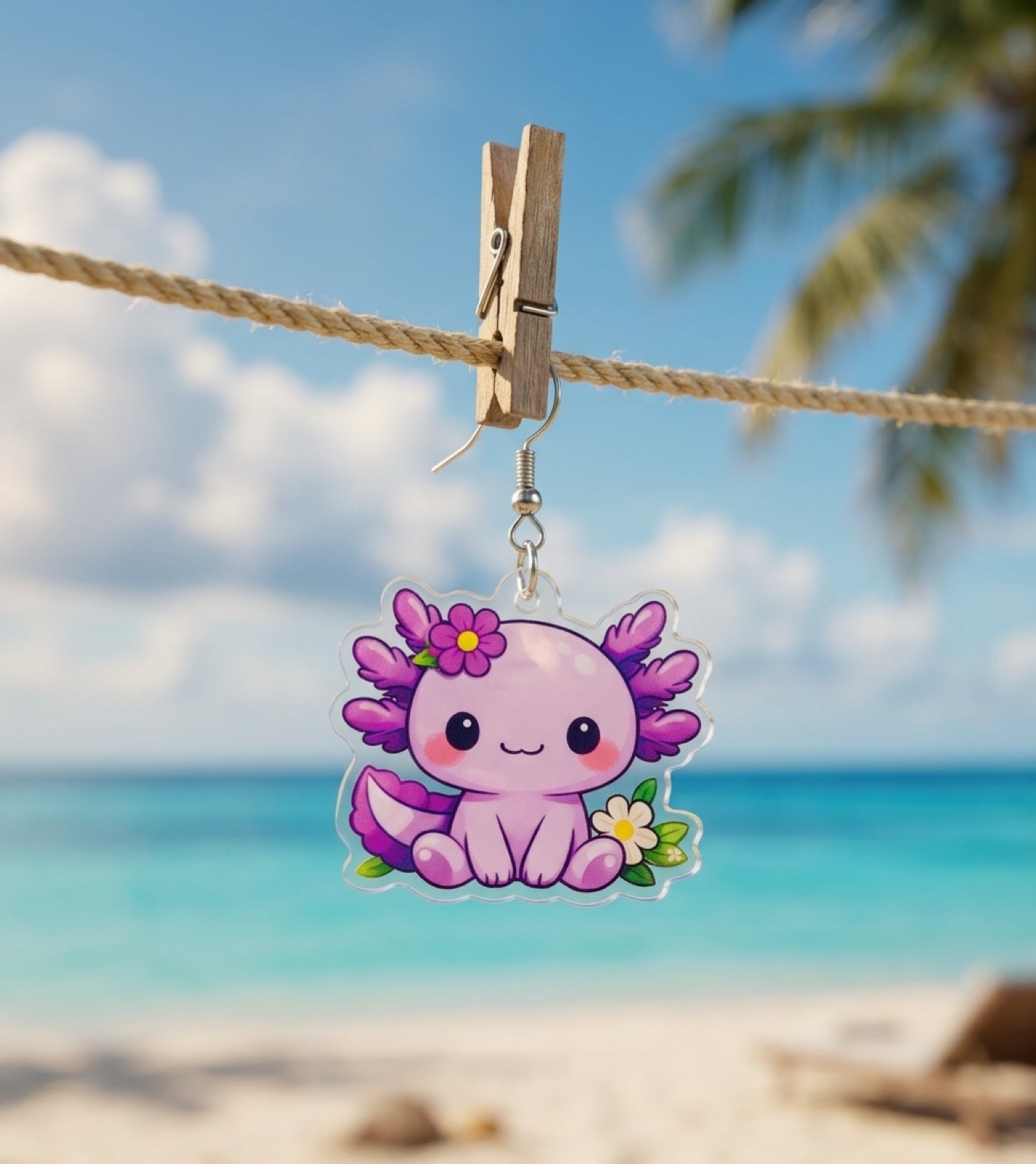Lavender Kawaii Axolotl Acrylic Dangle Earrings