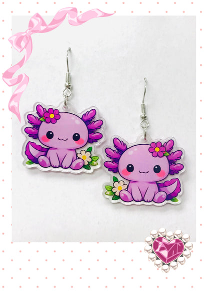 Lavender Kawaii Axolotl Acrylic Dangle Earrings