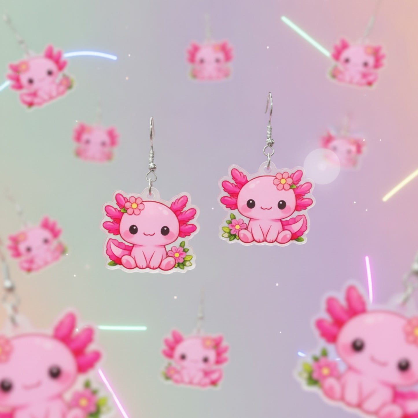 Pink Kawaii Axolotl Acrylic Dangle Earrings