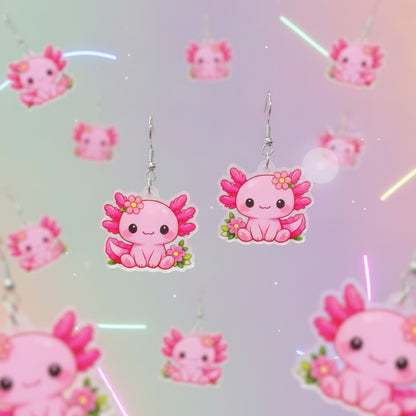 Pink Kawaii Axolotl Acrylic Dangle Earrings