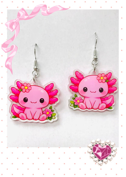 Pink Kawaii Axolotl Acrylic Dangle Earrings