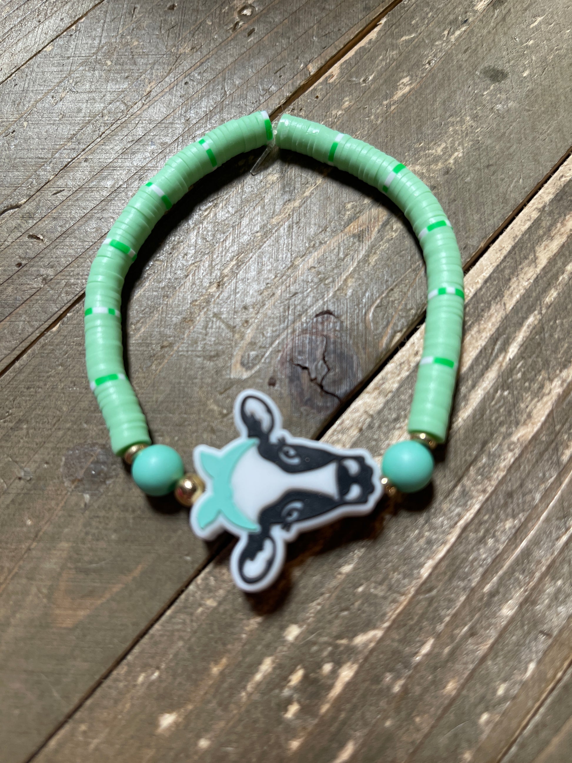 Teal Cow  and Green Clay Beaded Stretch BraceletPink tiful of LOVE