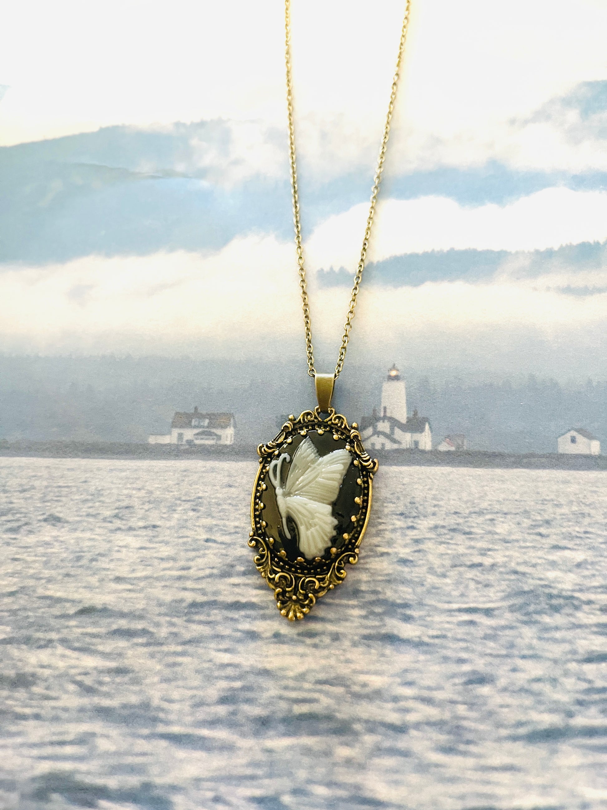 Butterfly Cameo pendant on a bronze Chain NecklacePink tiful of LOVE