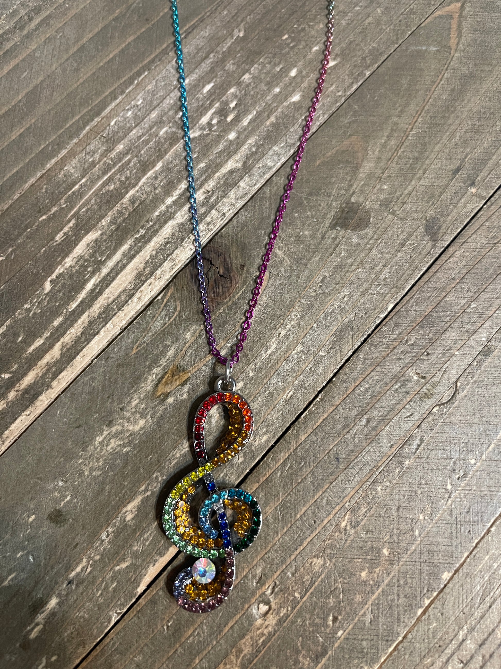 Rainbow Treble Clef (Music Note) Rhinestone Pendant on a Multi-color chain NecklacePink tiful of LOVE