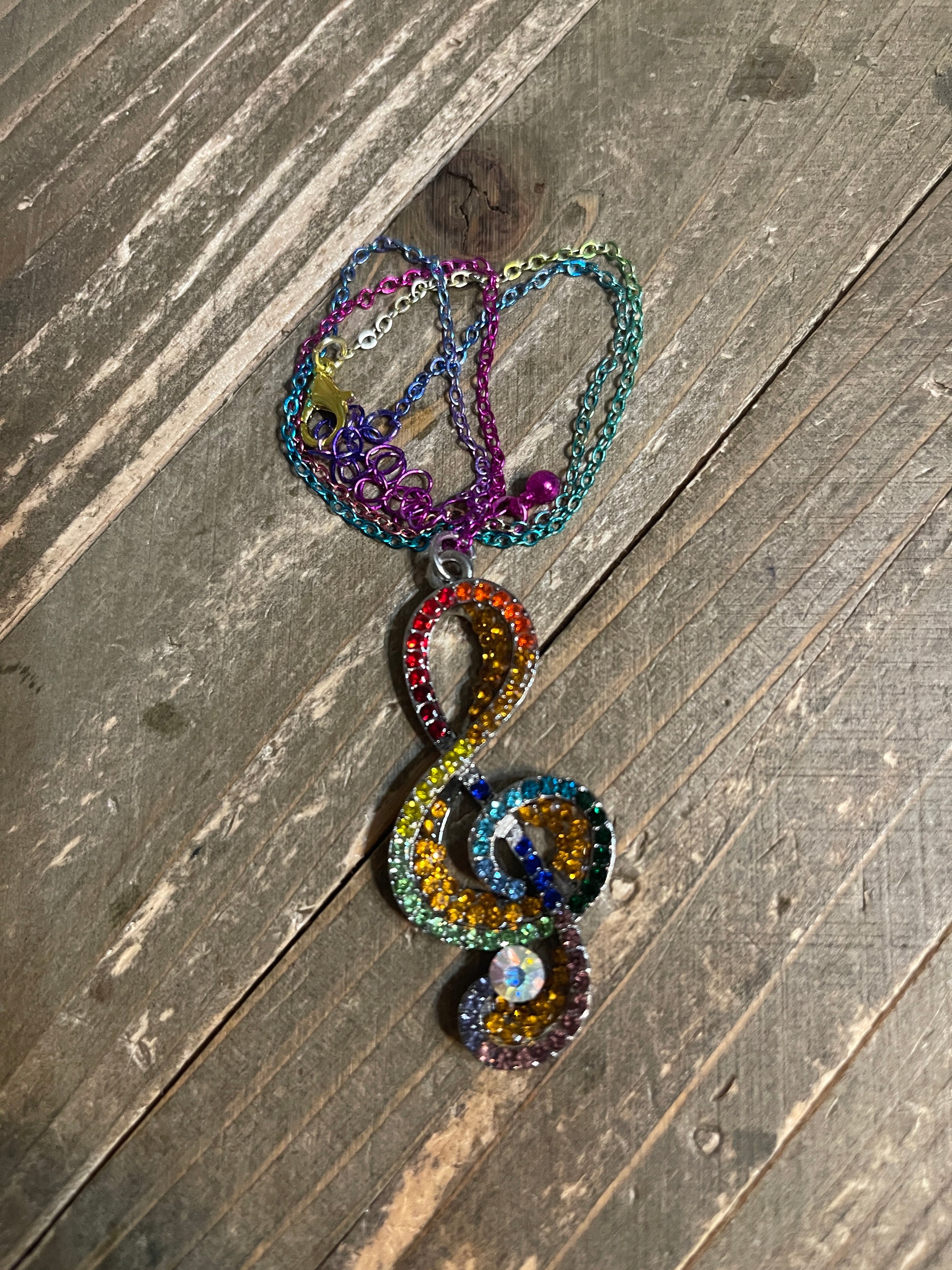 Rainbow Treble Clef (Music Note) Rhinestone Pendant on a Multi-color chain NecklacePink tiful of LOVE