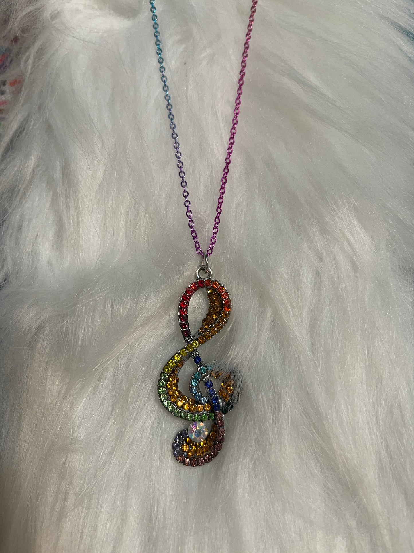 Rainbow Treble Clef (Music Note) Rhinestone Pendant on a Multi-color chain NecklacePink tiful of LOVE