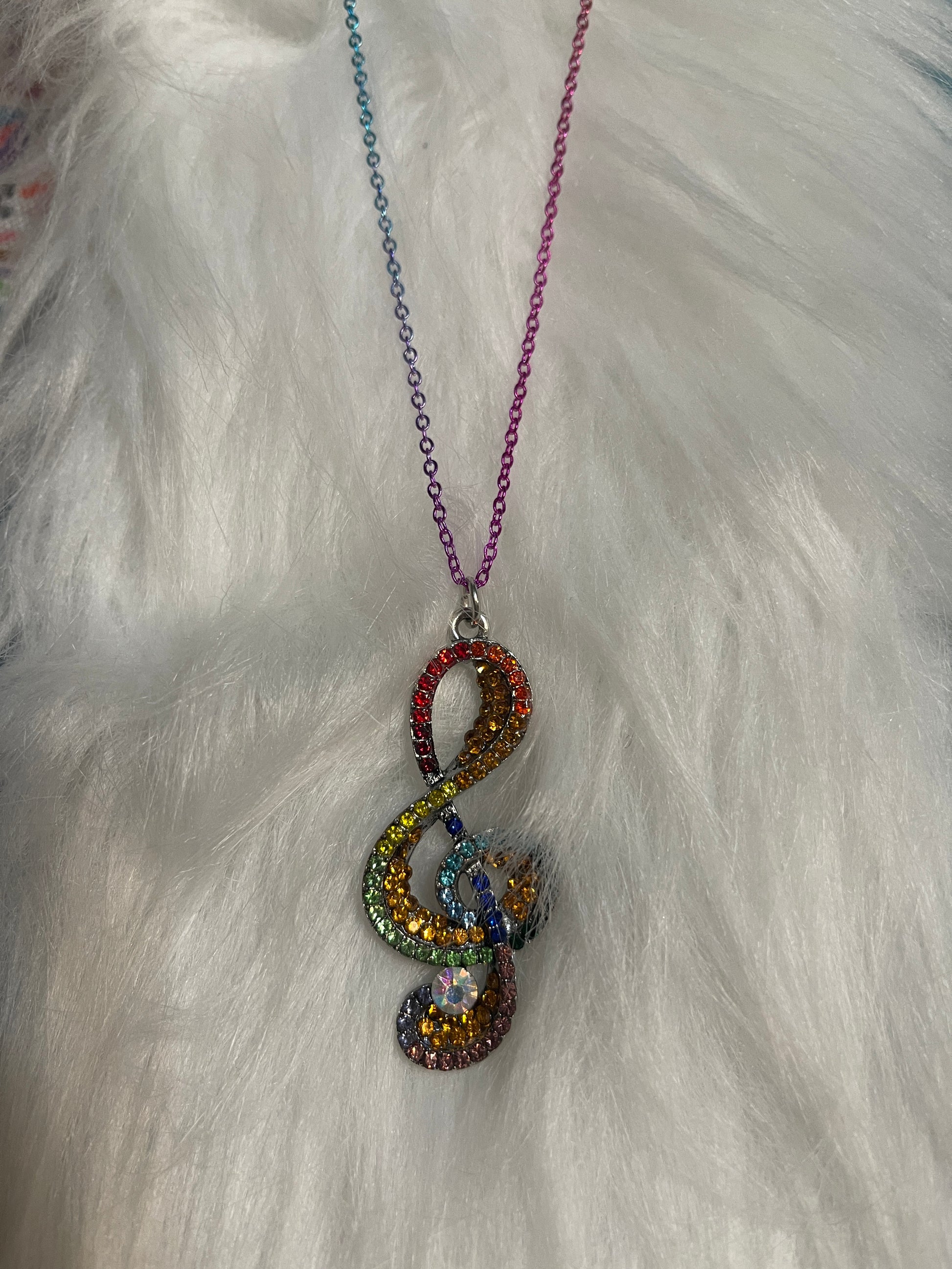 Rainbow Treble Clef (Music Note) Rhinestone Pendant on a Multi-color chain NecklacePink tiful of LOVE