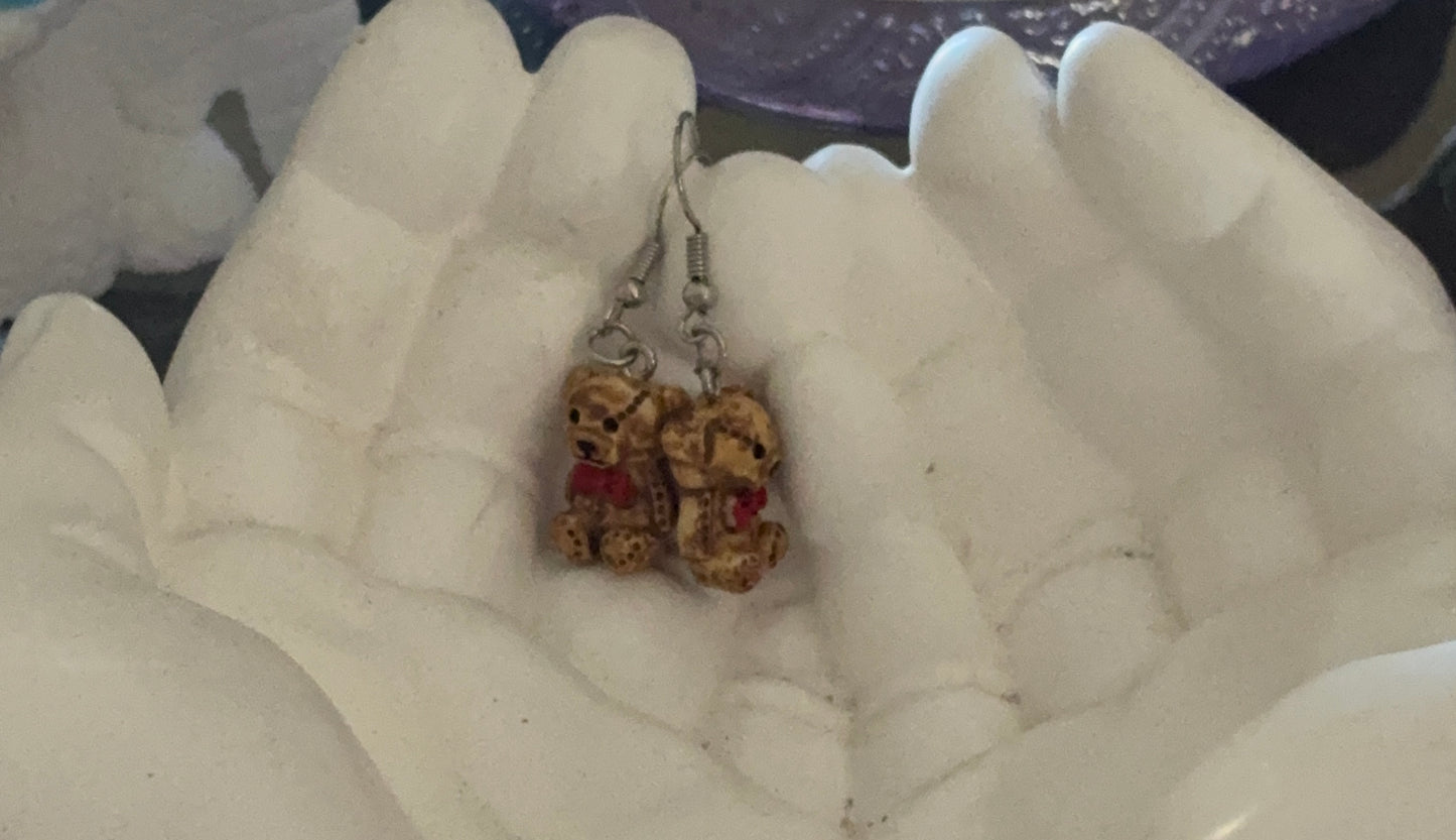 Teddy Bear Red Bow Tie Charm Dangle Earrings