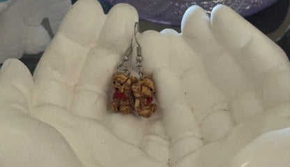 Teddy Bear Red Bow Tie Charm Dangle Earrings