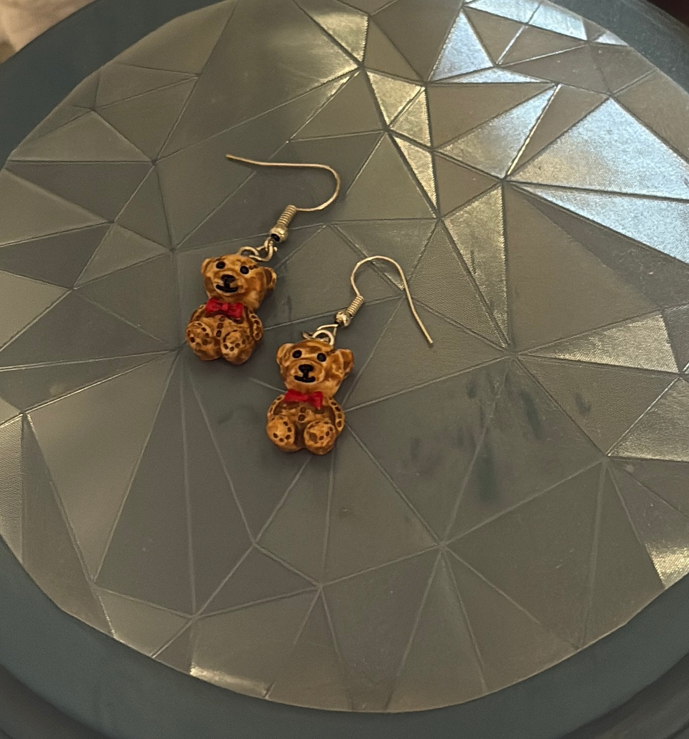 Teddy Bear Red Bow Tie Charm Dangle Earrings