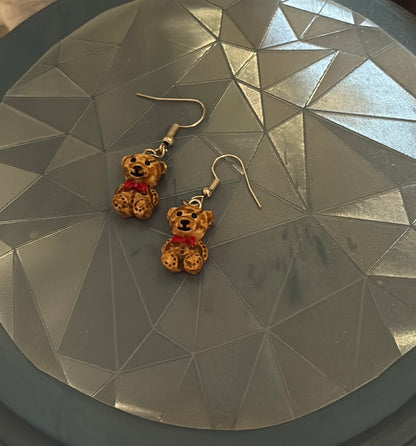 Teddy Bear Red Bow Tie Charm Dangle Earrings