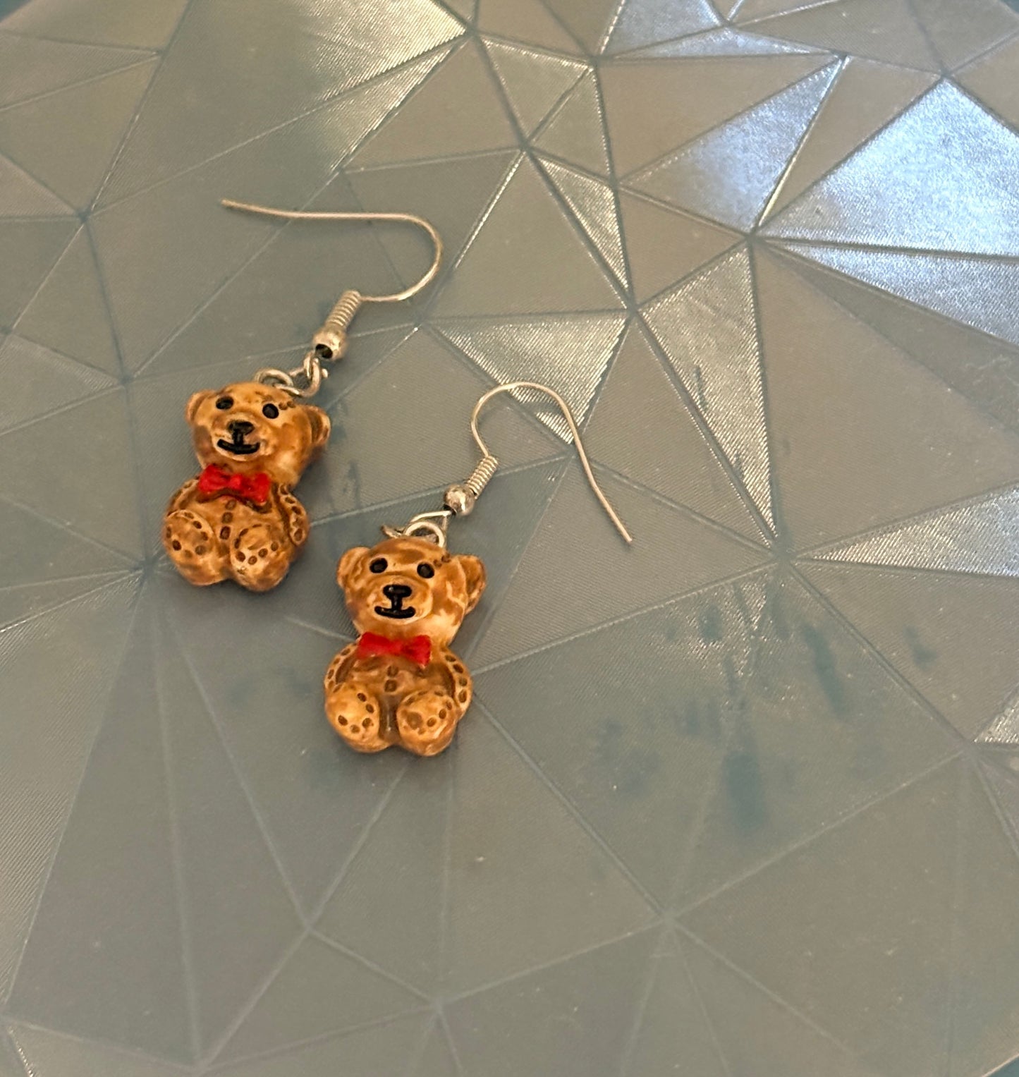 Teddy Bear Red Bow Tie Charm Dangle Earrings