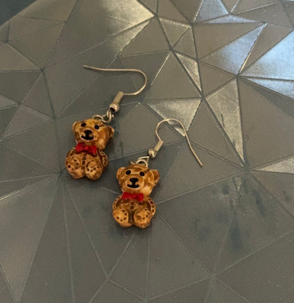 Teddy Bear Red Bow Tie Charm Dangle Earrings