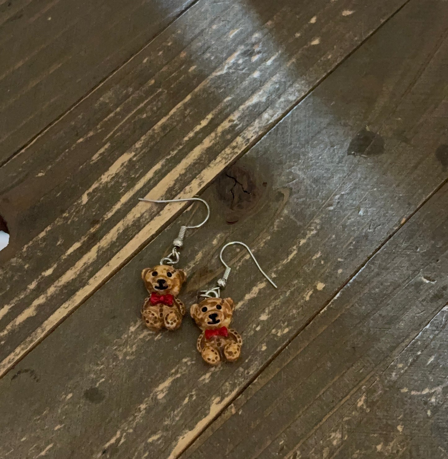 Teddy Bear Red Bow Tie Charm Dangle Earrings