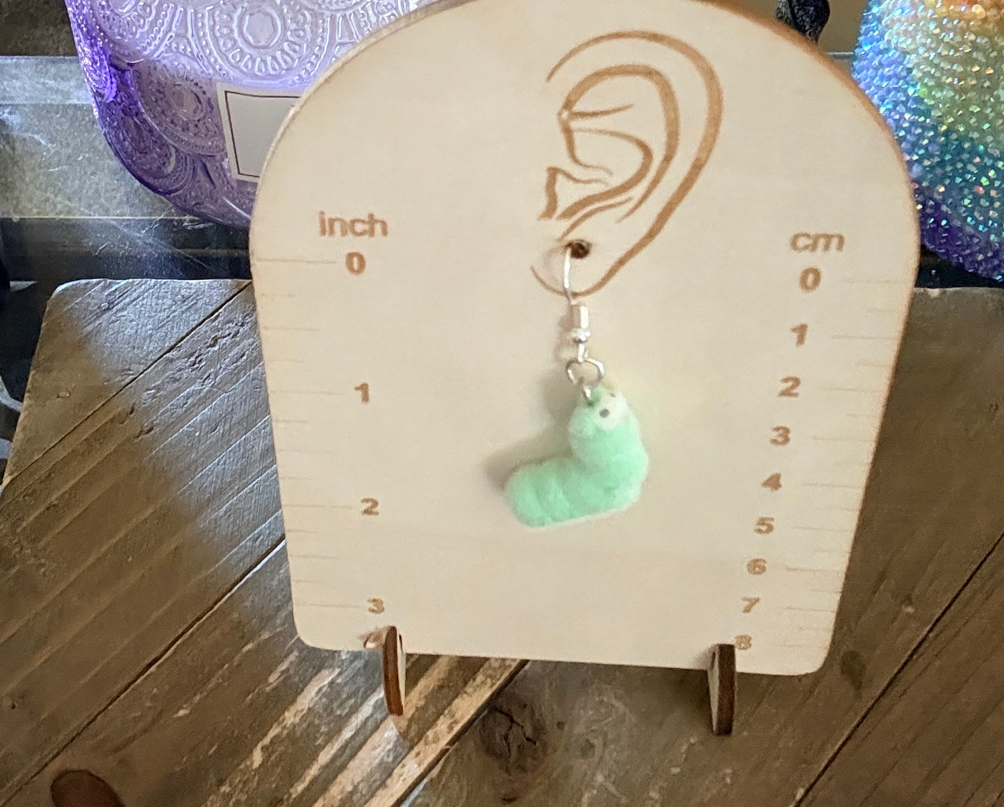Green Flocked Caterpillar Charm Dangle Earrings
