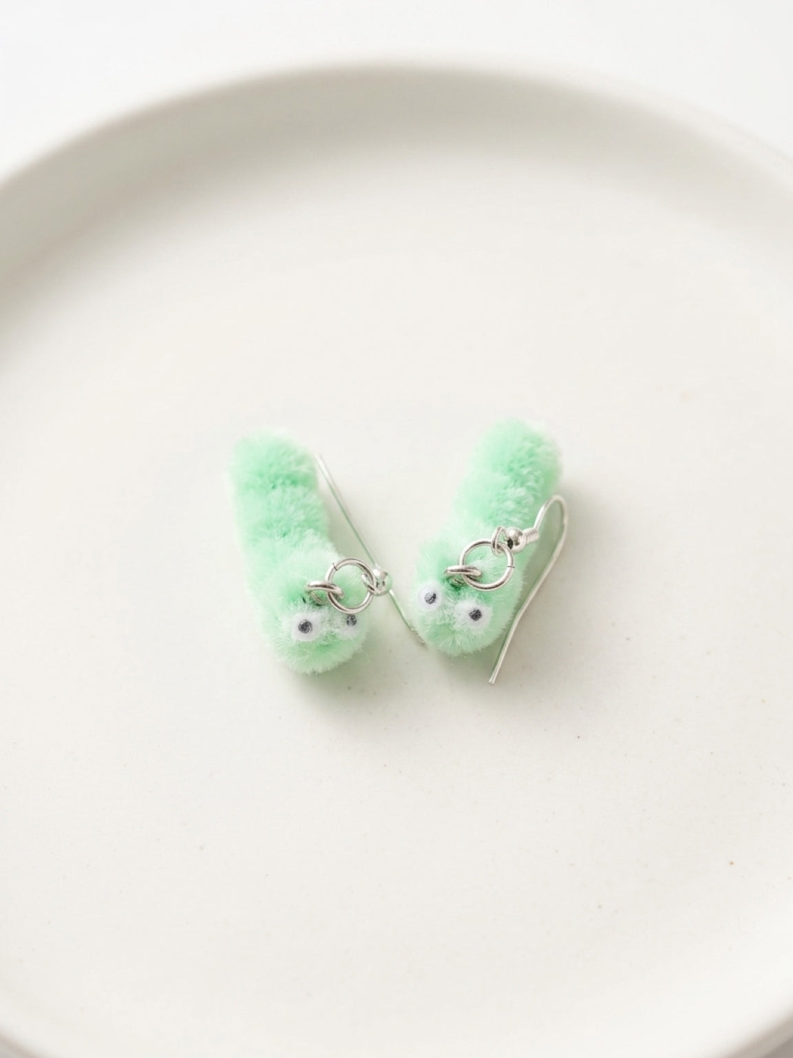 Green Flocked Caterpillar Charm Dangle Earrings