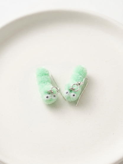 Green Flocked Caterpillar Charm Dangle Earrings