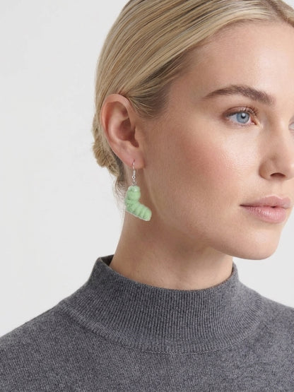 Green Flocked Caterpillar Charm Dangle Earrings