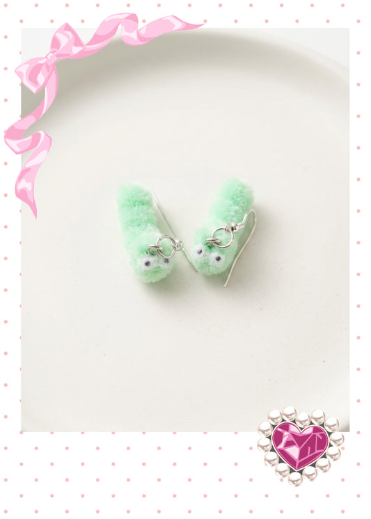 Green Flocked Caterpillar Charm Dangle Earrings