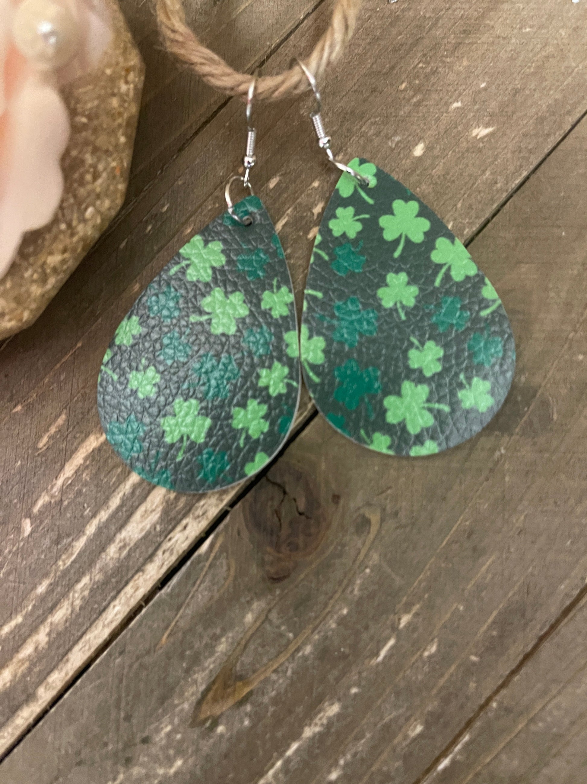 Faux Leather teardrop; shades of green Shamrocks; St. Patrick's DayearringsPink tiful of LOVE