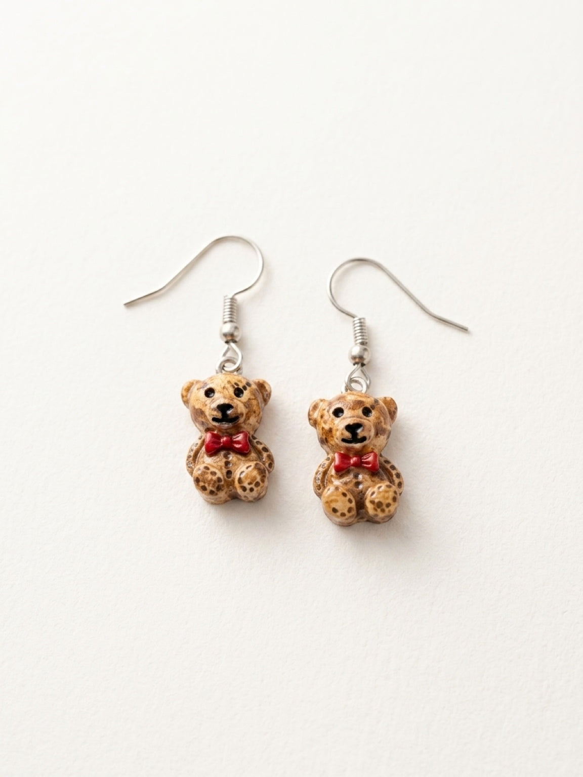 Teddy Bear Red Bow Tie Charm Dangle Earrings