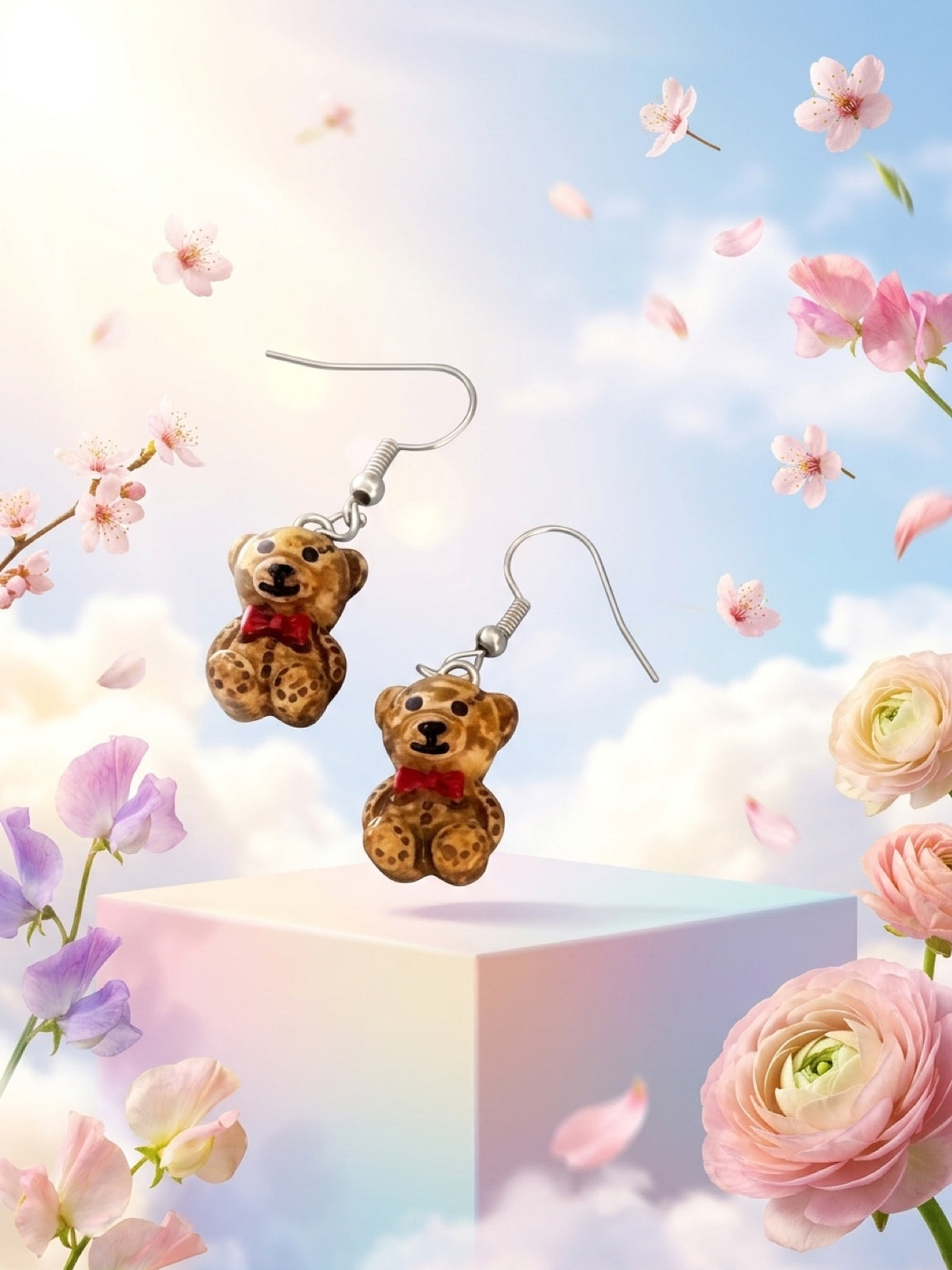 Teddy Bear Red Bow Tie Charm Dangle Earrings