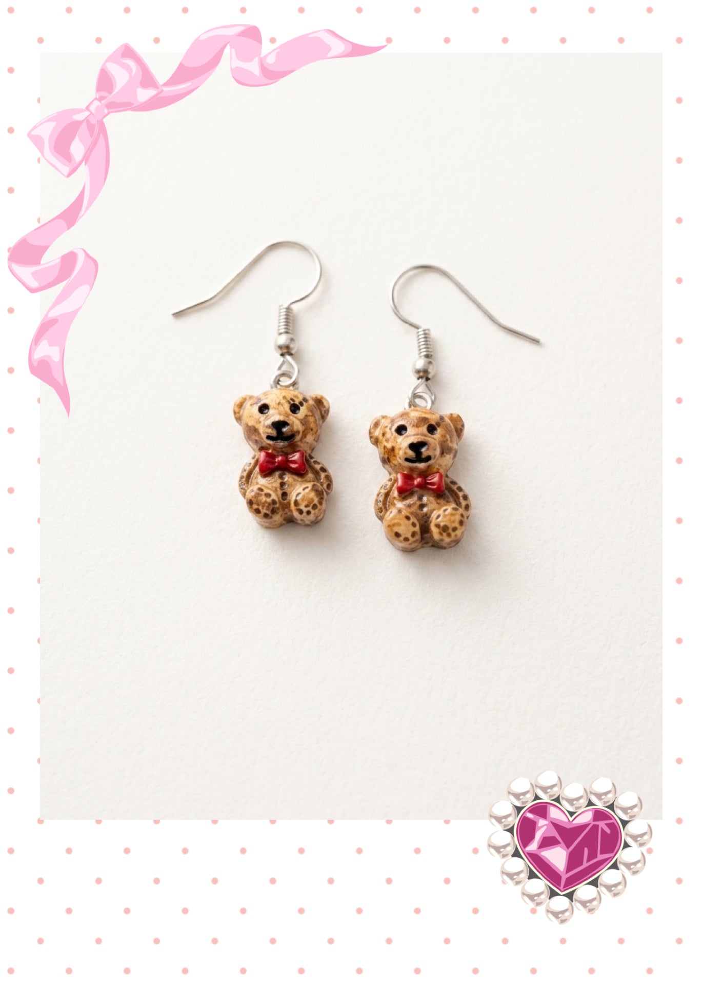 Teddy Bear Red Bow Tie Charm Dangle Earrings