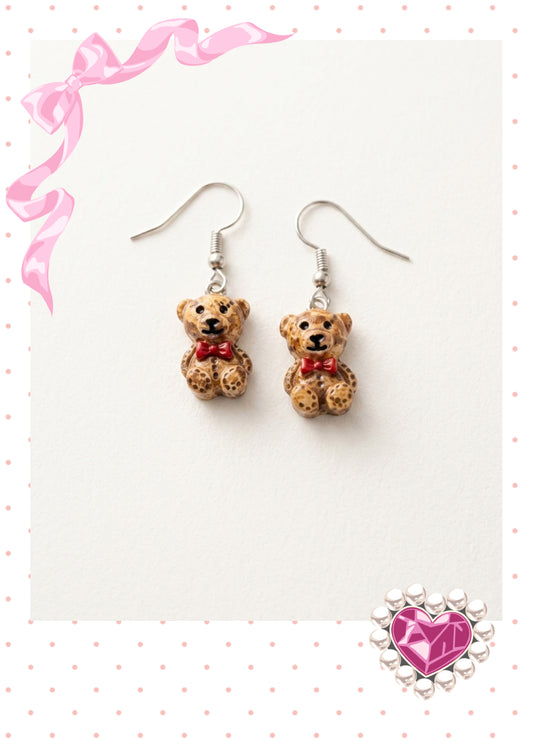 Teddy Bear Red Bow Tie Charm Dangle Earrings